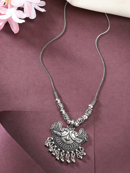 NVR Women's Silver-Toned Peacock Design Pendant with Chain