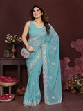 PR Fashion Turquoise Georgette Embroidery Work With Embroidery Work Blouse Saree
