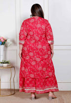 Miravan Plus Size Red Floral Print Embroidered Cotton Straight Kurta With Palazzo & Dupatta - Distacart