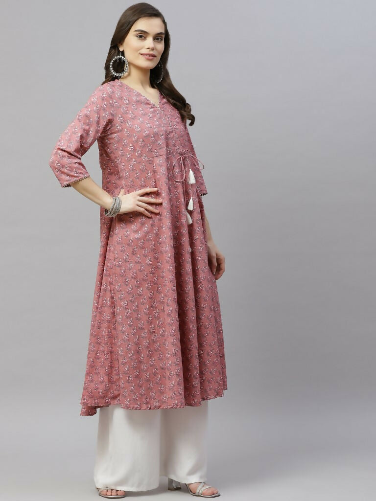 Miravan Women's Cotton Floral Print Anarkali Kurta With Dupatta