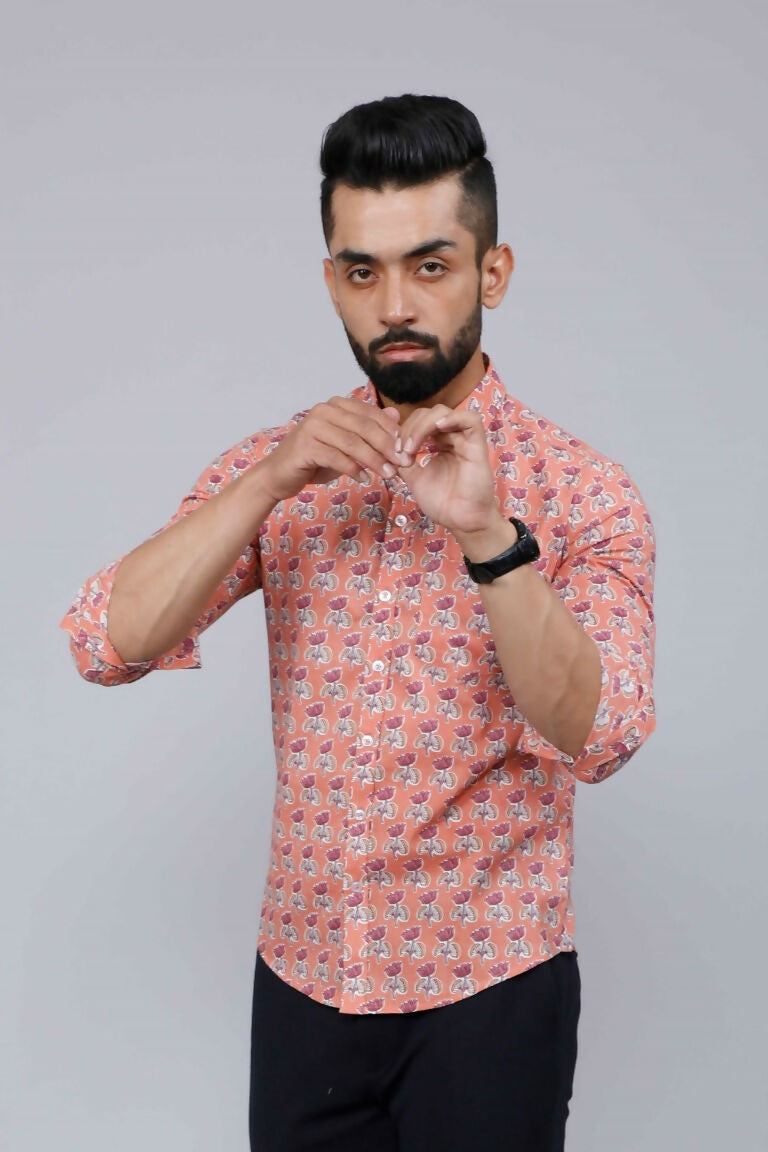Miravan Men's Peach Spread Collar Floral Print Casual Shirt