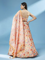 House of Panchhi Orange Organza Floral Printed Lehenga choli & Dupatta