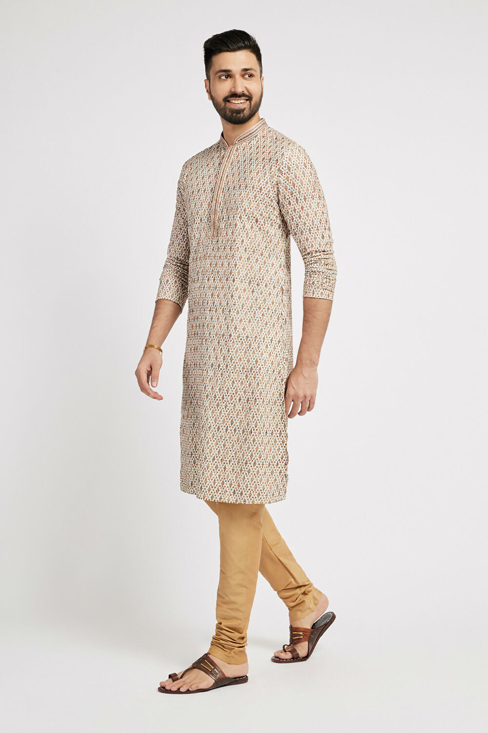 Ethnic India Beige Men's Kurta Embellished Viscose Rayon