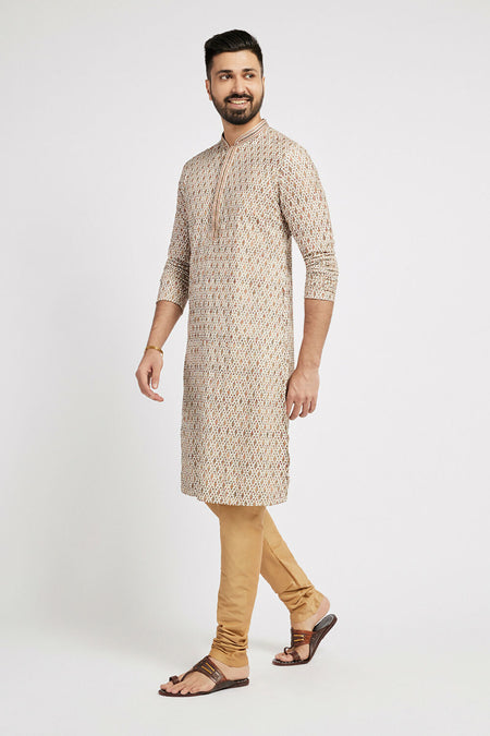 Ethnic India Beige Men's Kurta Embellished Viscose Rayon
