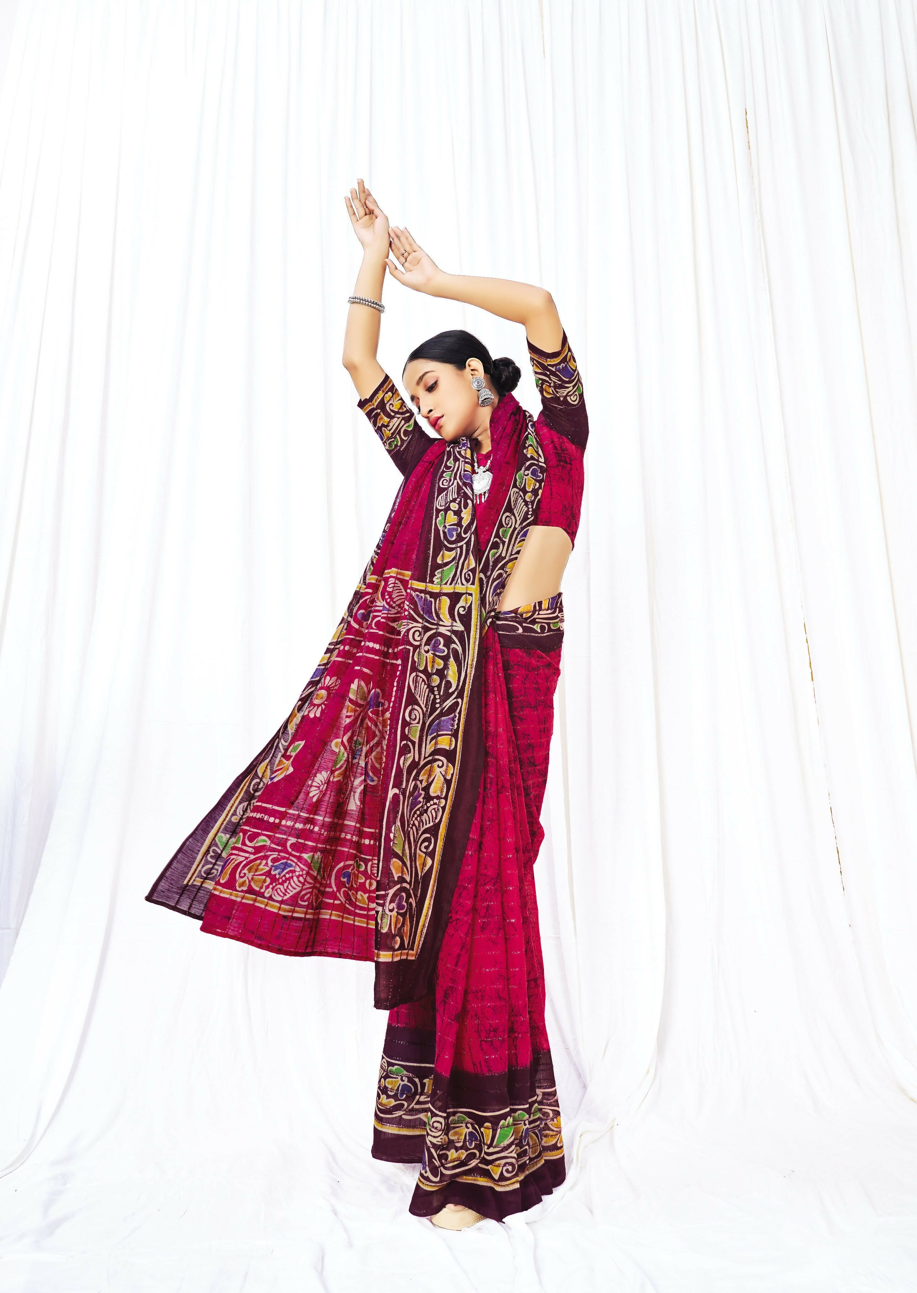Red Chanderi Cotton Floral Printed Saree With Unstitched Blouse Piece - Kathika