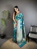 Joban Fashion Teal Ethnic Floral Motifs Soft Lichi Silk Banarasi Saree - Distacart