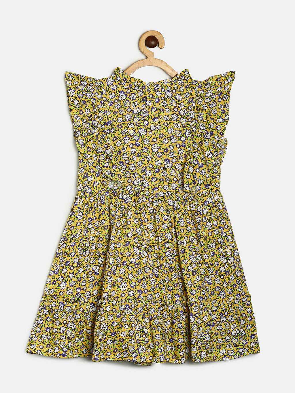 Manet Girls Cotton Frill Sleeve Frock Flower Print - Mustard Yellow