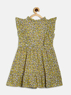 Manet Girls Cotton Frill Sleeve Frock Flower Print - Mustard Yellow