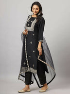 Juniper Women's Black Chinnon Solid Embroidered Kurta Set - Distacart