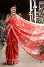 Very Much Indian Organic Linen With Handblock Printing Saree - Red - Distacart
