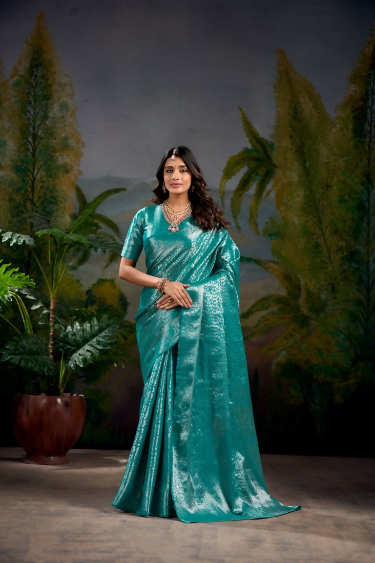 Vastranavya Firozi Kanjivaram Zari Weaving Work Saree with Unstitched Blouse