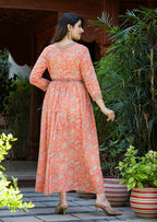 Kaajh Women's Light Orange Floral Handblock Printed Cotton Dress - Distacart