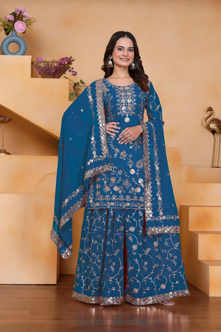 Teeya Creation Blue Color Faux Georgette Embroidery Work Wedding Wear Palazzo Set