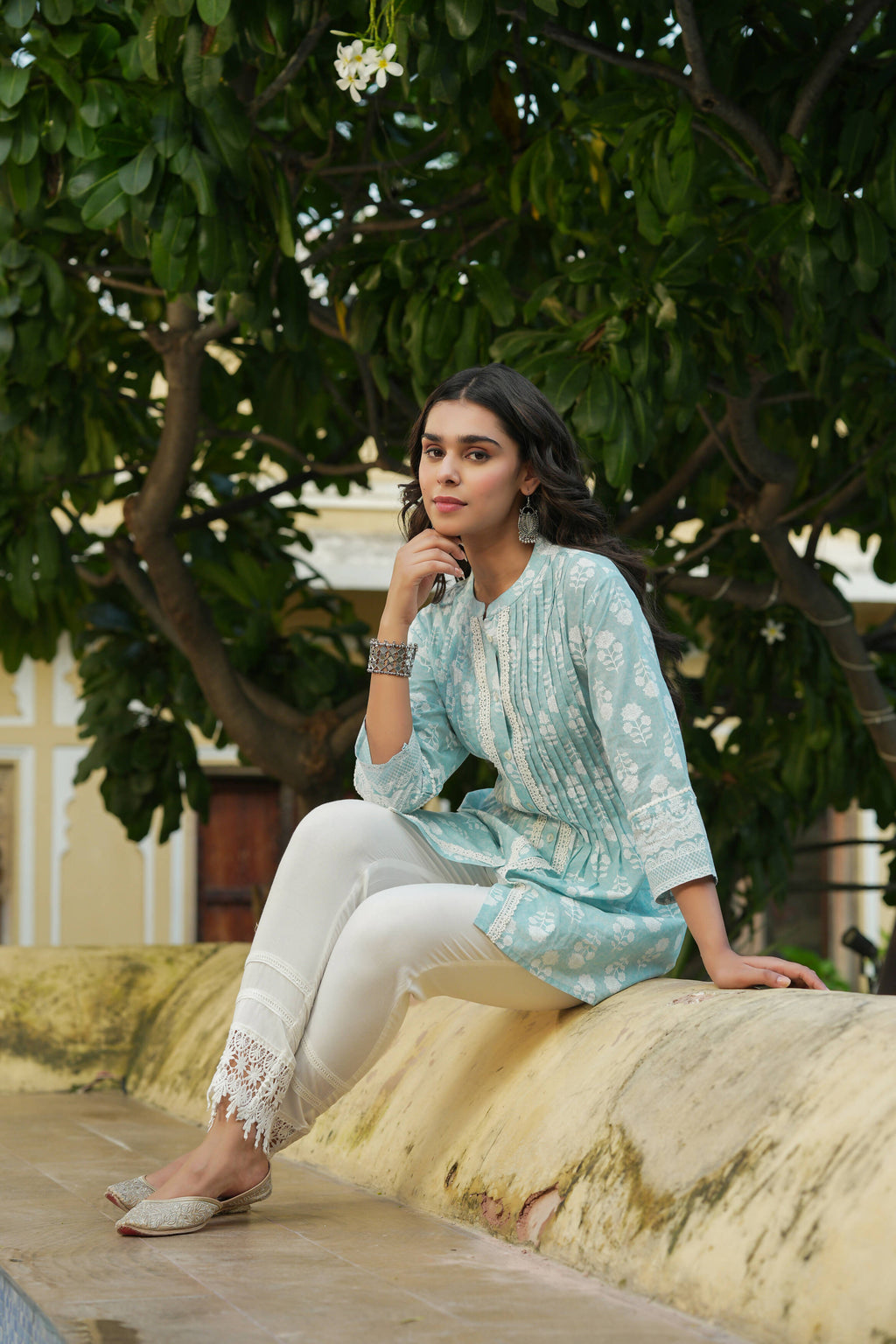 Juniper Women's Skyblue Cambric Placement Floral Printed Tunic - Distacart