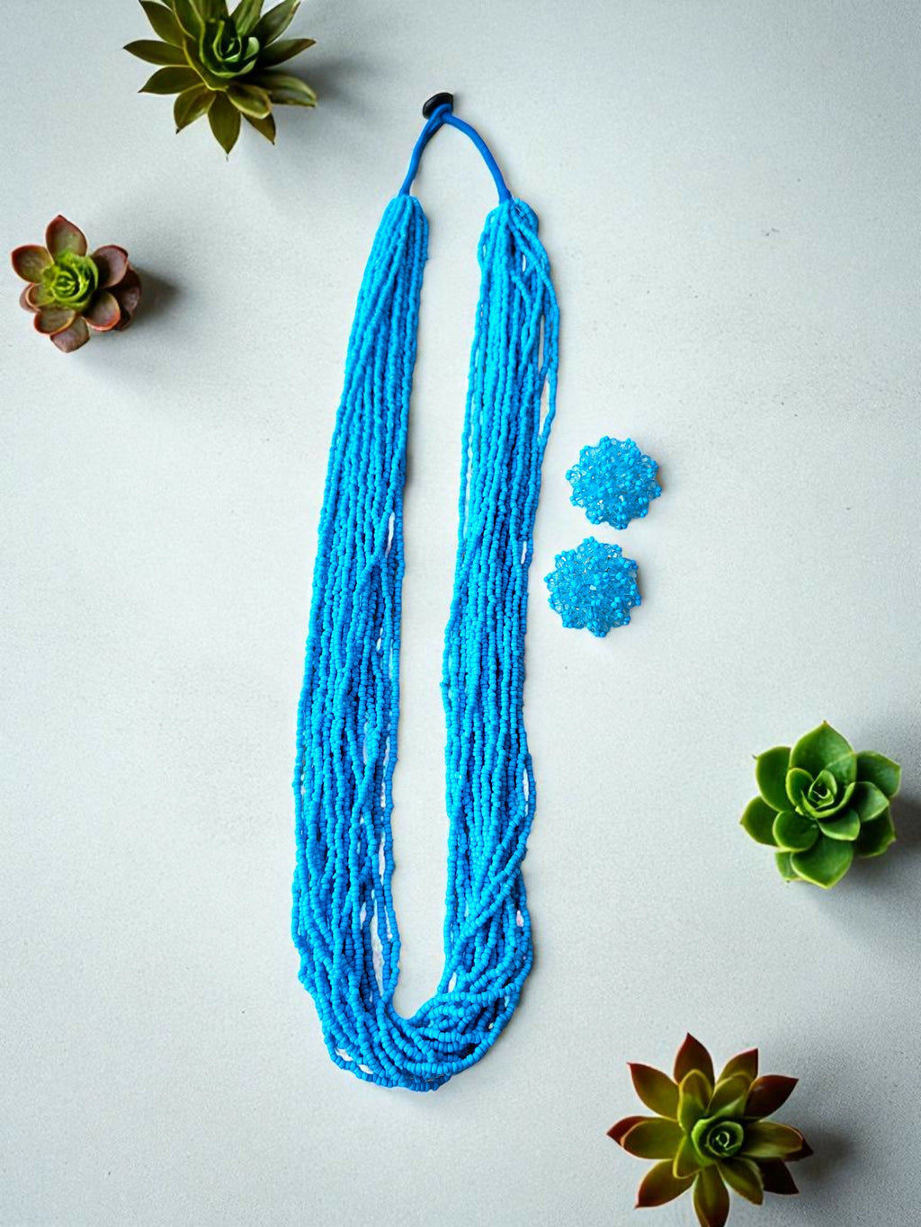 Inhanns Rangsaaz 20-Layer Luxe Long Beaded Necklace (With Optional Statement Earrings) - Sky Blue With Earring