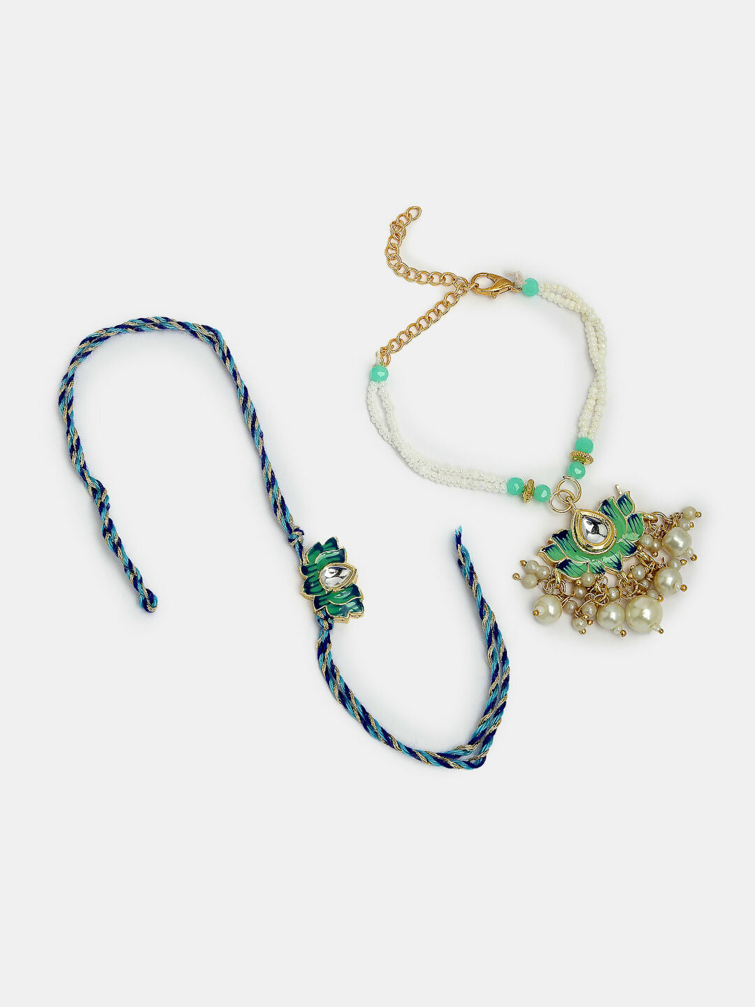 NVR Women & Men Set of 2 Turquoise Blue Lotus Shape Kundan-Studded & Beaded Handcrafted Wraparound Rakhi Set With Roli Chawal - Distacart