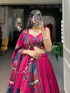 Vastranavya Fancy Floral Print With Foil Work Polyester Viscose Chanderi Lehenga Choli - Rani Pink