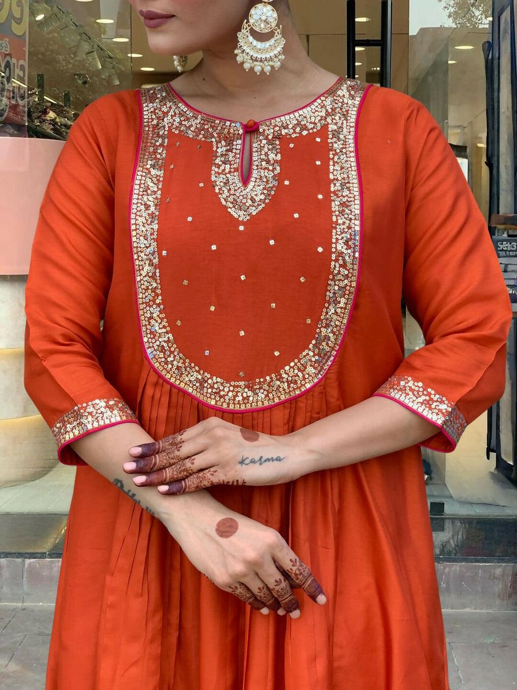 The52 Rust Women's Gorgeous Embroidered Work Chanderi Fabric Flared Kurta Pant and Dupatta Set - Distacart