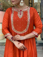 The52 Rust Women's Gorgeous Embroidered Work Chanderi Fabric Flared Kurta Pant and Dupatta Set - Distacart
