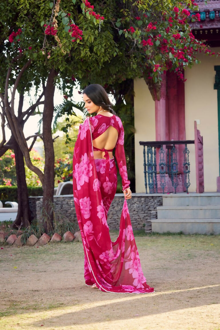 Vastranavya Pink Chiffon Floral Printed & Pearl Lace Border Saree with Unstitched Blouse