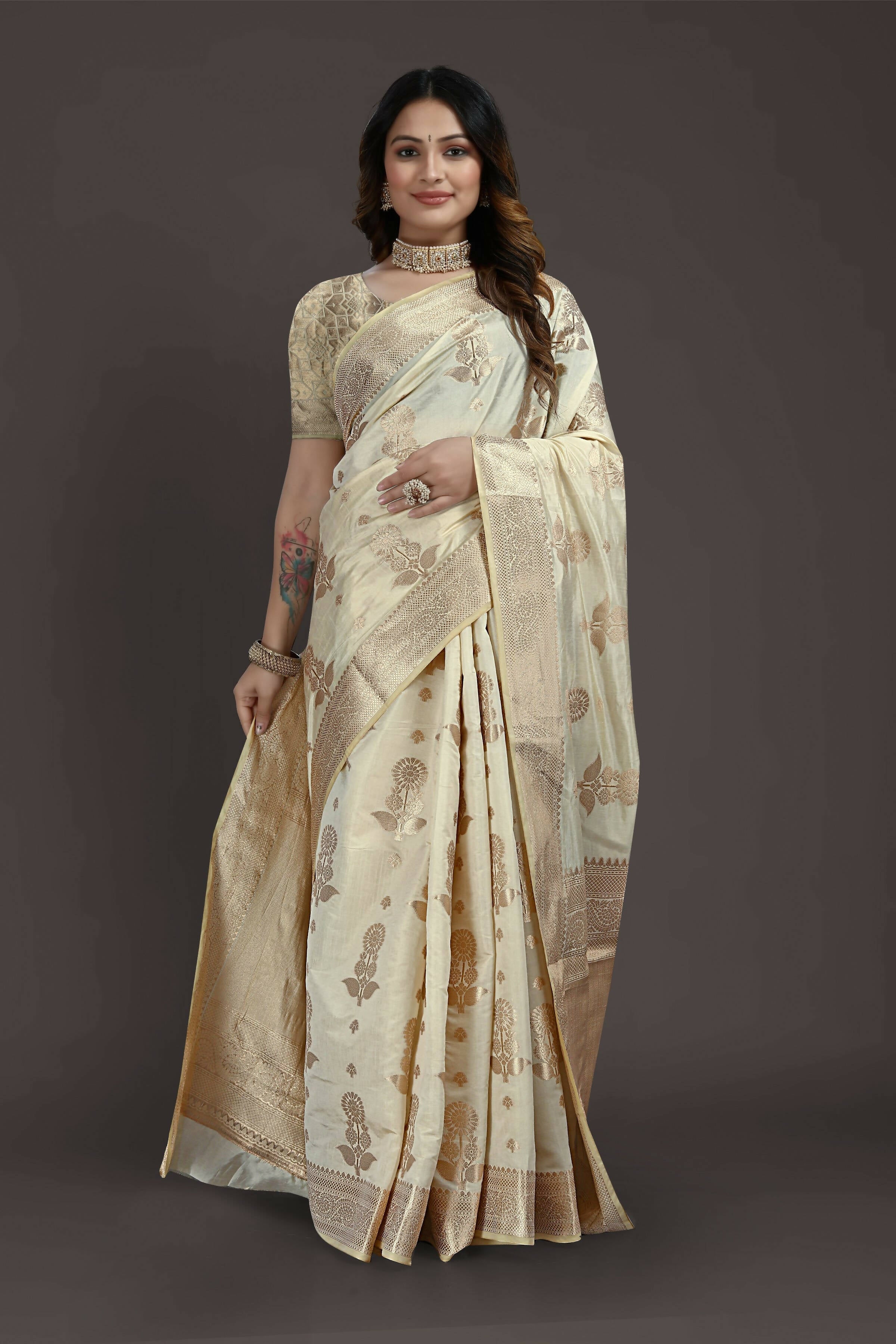 Off White Pure Raw Silk Zari Woven Saree with Unstitched Blouse Piece - Alisha