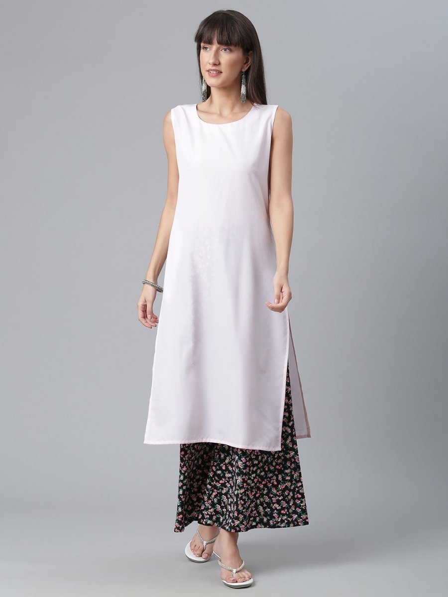 Ahalyaa Light Pink Crepe Solid Kurta And Palazzo Set With Jacket - Distacart