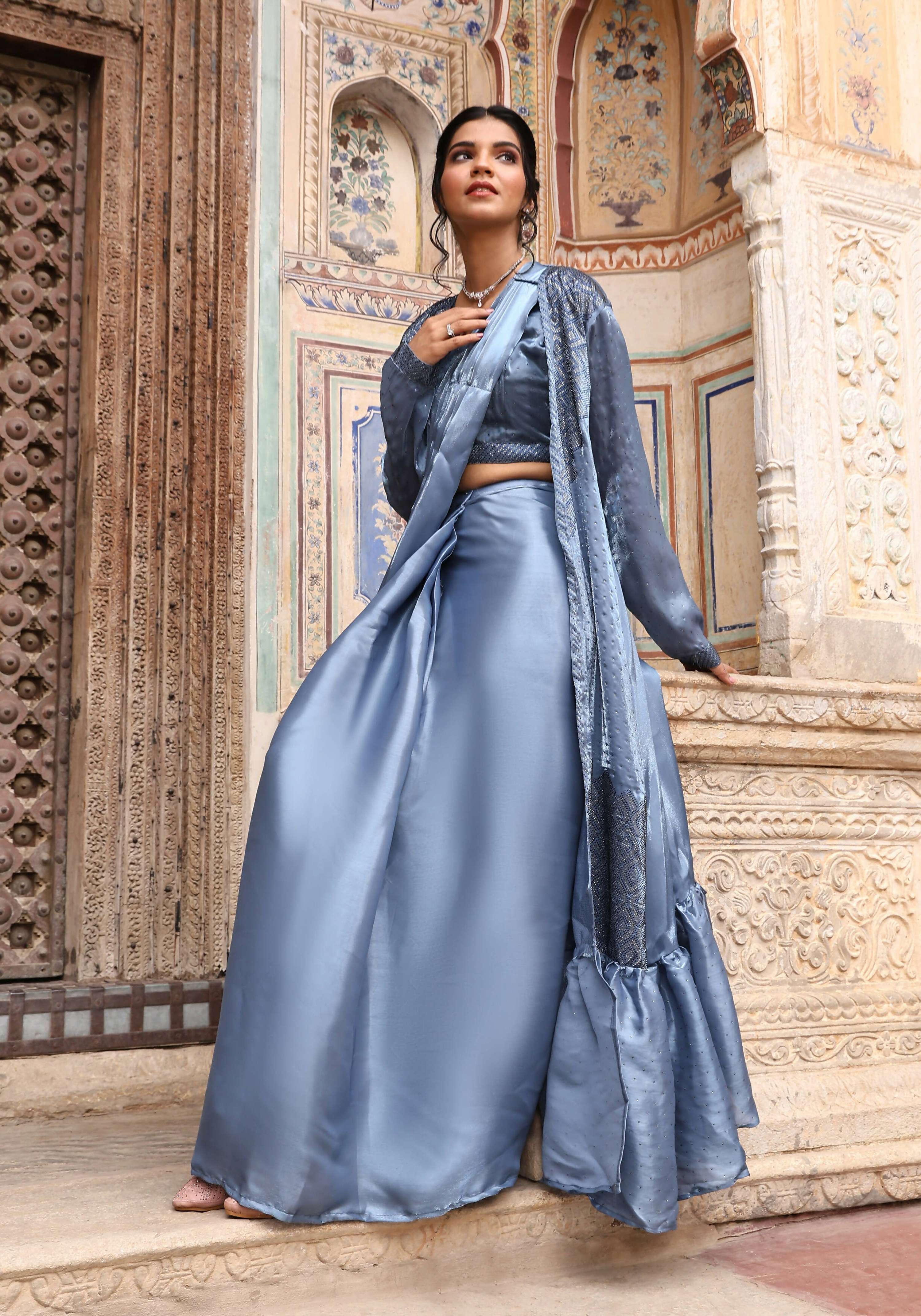 Sky Blue Tom Silk Plain Ready To Wear Saree With Stitched Blouse - Satiksha