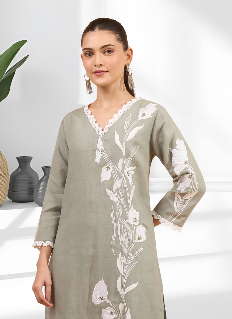 Joban Fashion Gray Linen Embroidered Readymade Long Kurta With Pant - Distacart