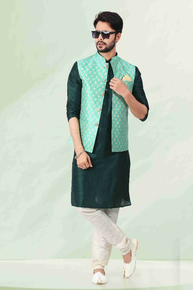 Raivat Ethnic Jacquard Banarasi Silk Woven Work 3 Pics Jacket Set In Pista Green Colour - Distacart