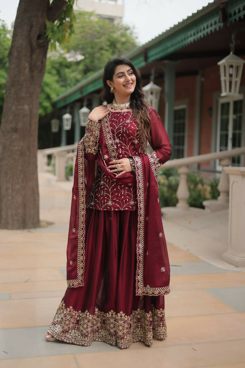 Vastranavya Premium Designer Heavy Sequins & Thread Embroidered work Kurti Palazzo & Dupatta - Maroon