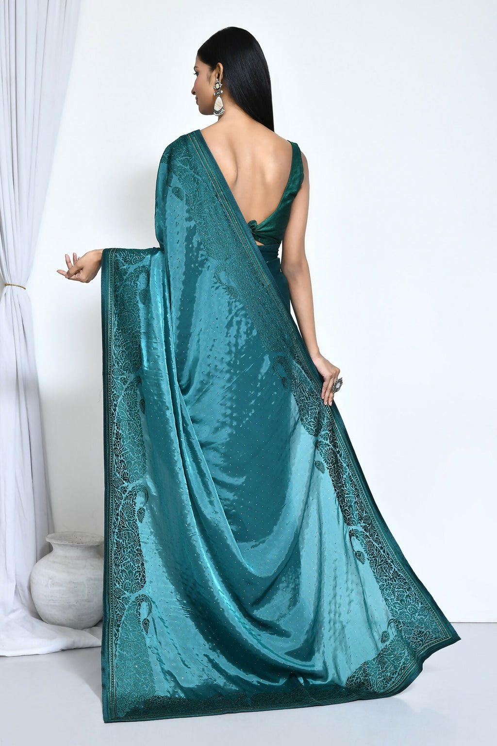 Light Blue Satin Silk Embroidered With Stone Work Festive Saree - Nimaya Denzy