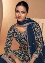 Blue Real Chinnon Embroidered Wedding Festive Palazzo Suit - Emponline