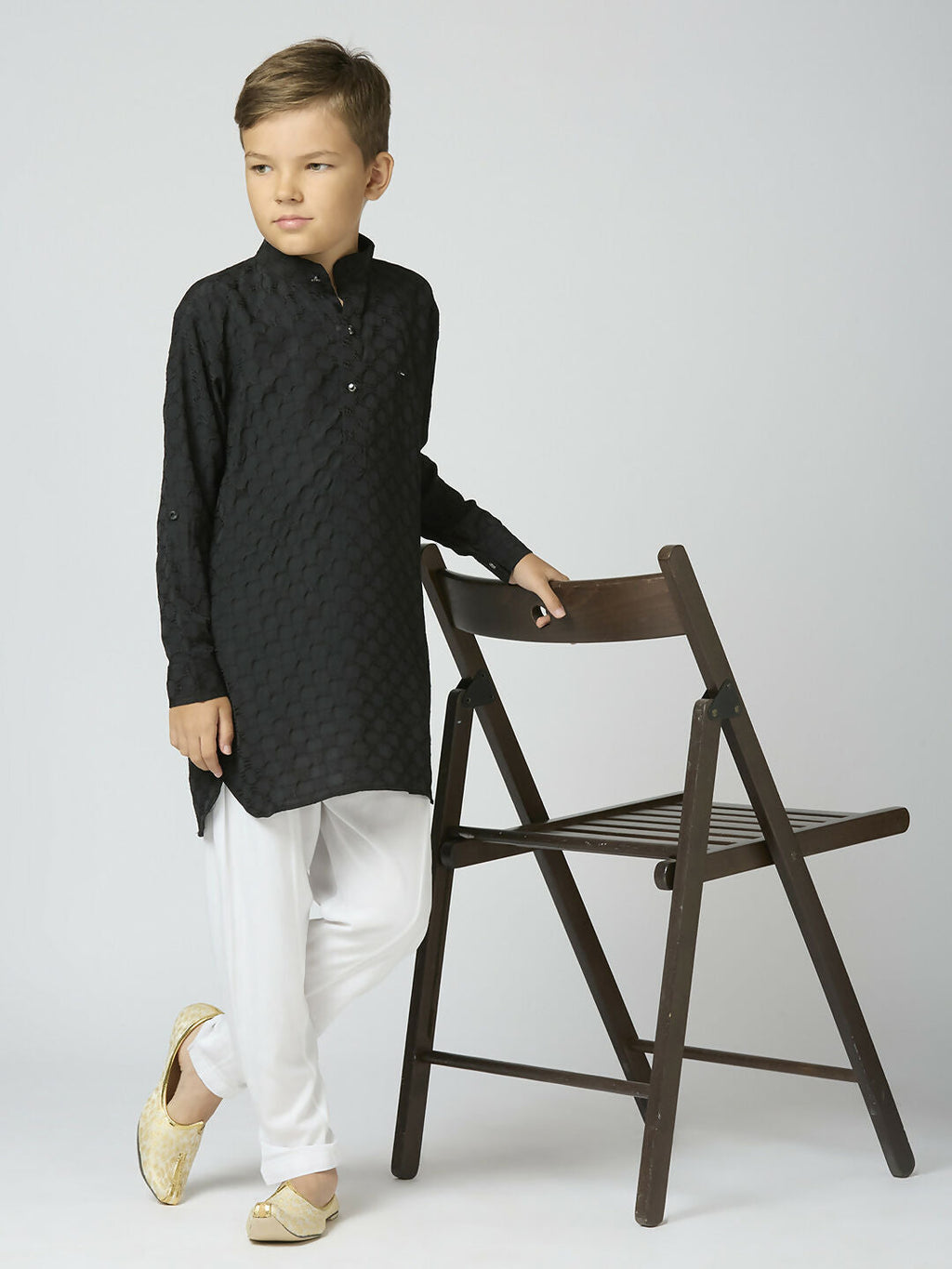 Joban Fashion Kids Island Full Sleeves Texture Cotton Kurta and Pyjama Set - Black - Distacart