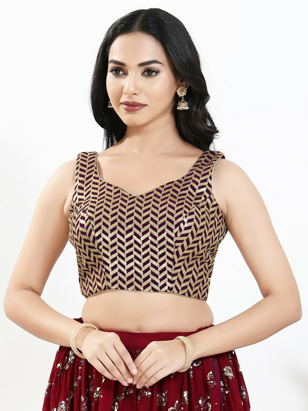 Joban Fashion Wine Silk Padded Blouse With Sweetheart Neck Sleeveless - Distacart
