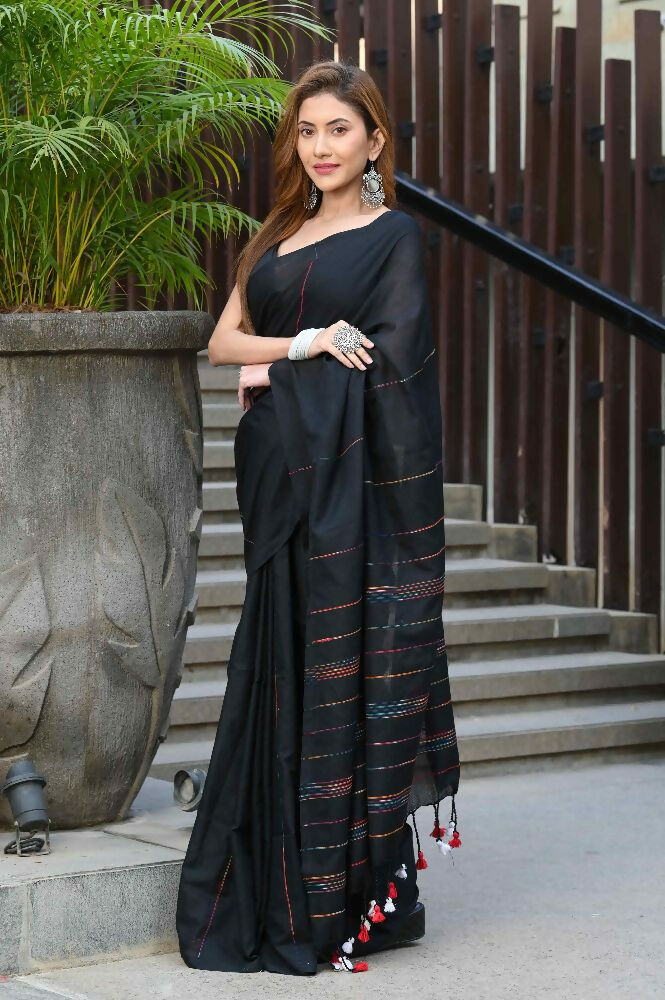 Beatitude Black Khadi Ghicha Stripes Saree