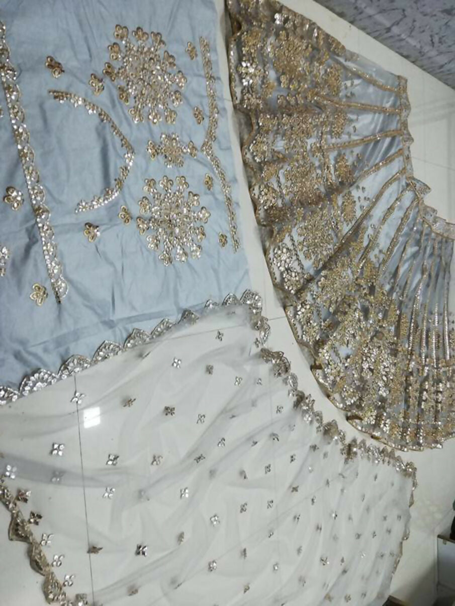 Jyoti Fashion Glamorous Grey Zari With Paper Mirror Embroidered Net Lehenga Choli with Dupatta