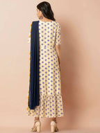 Indya Women White & Navy Blue Printed Maxi Dress With Attached Dupatta - Distacart