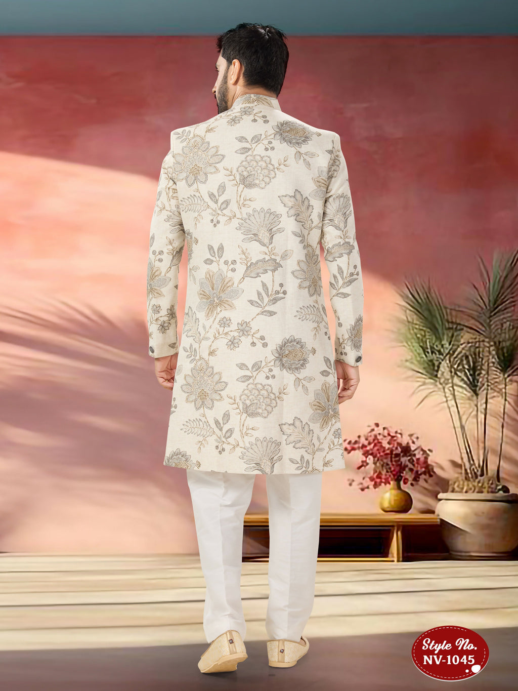 Joban Fashion Men's Beige Base Straight Swed Velvet Self-Design In Fabric Indo-Western Kurta Set