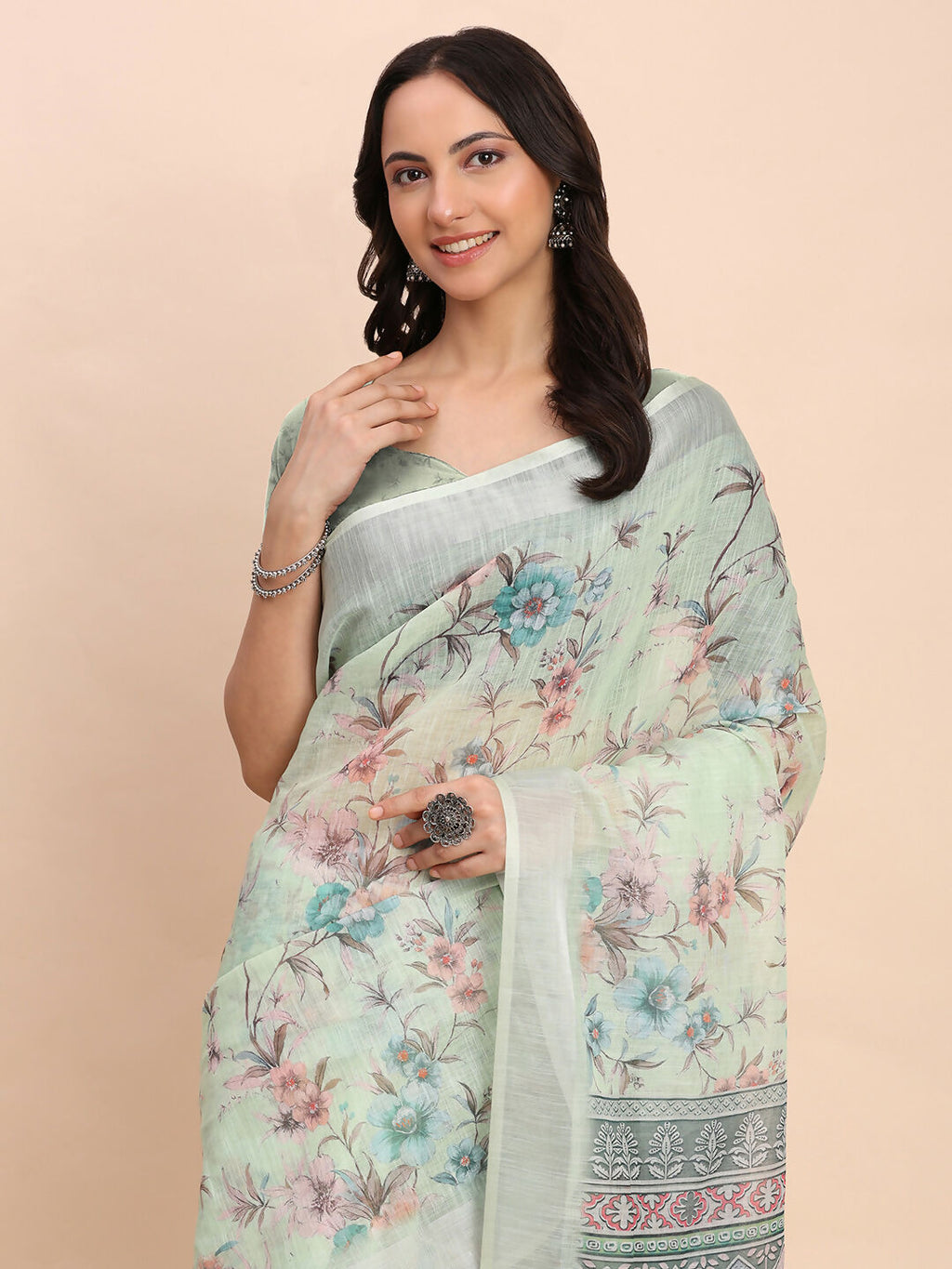 Shree Shyam Fashion Linen Cotton Light Green Saree - Distacart