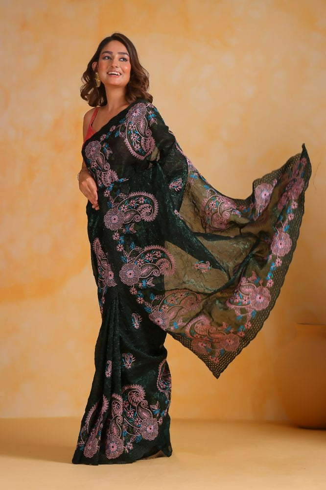 Vamsee Suhanisha Green Korean Shimmer Silk Saree