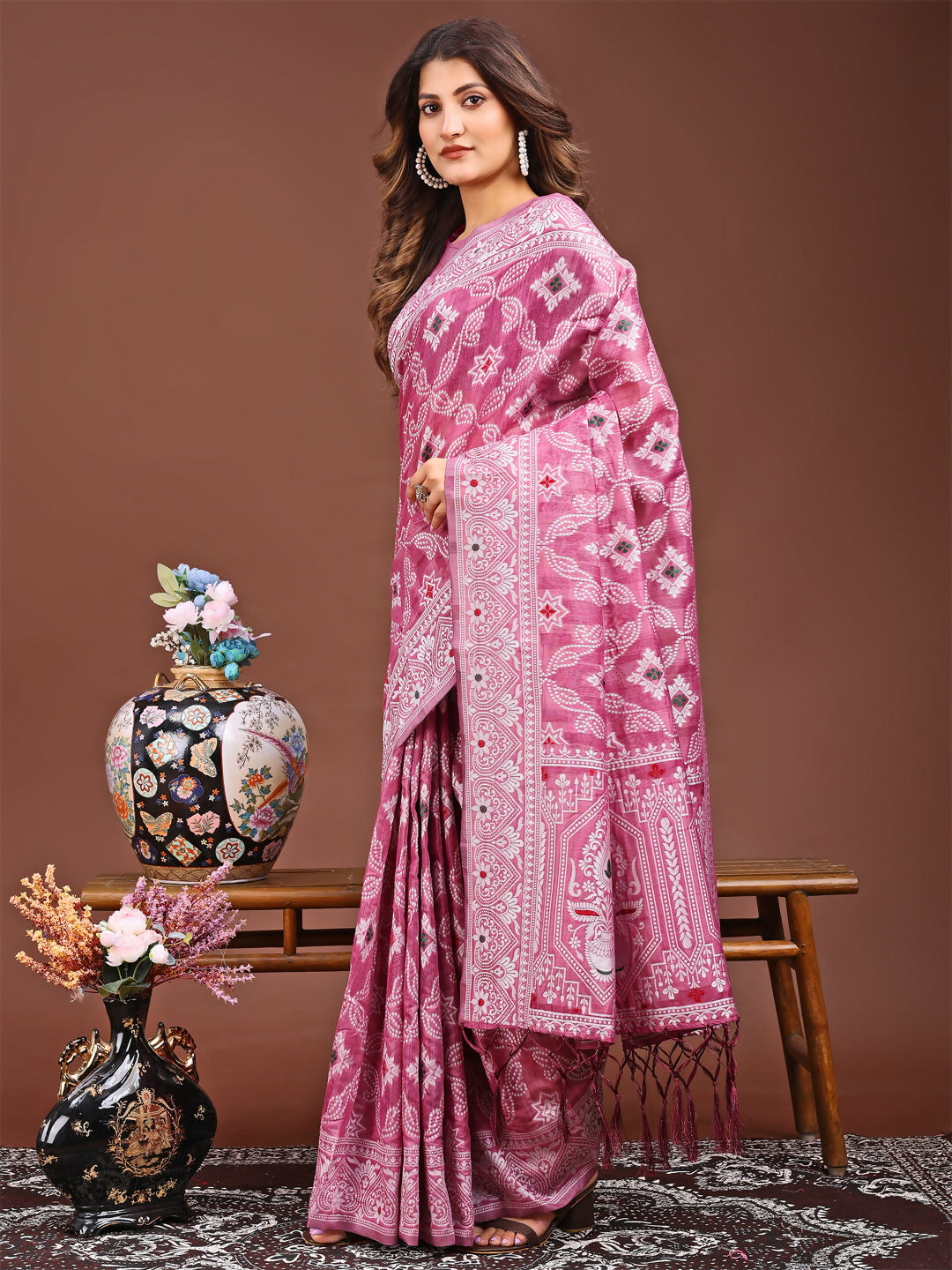 Shree Shyam Fashion Pankhuri Pink Linen Cotton Saree