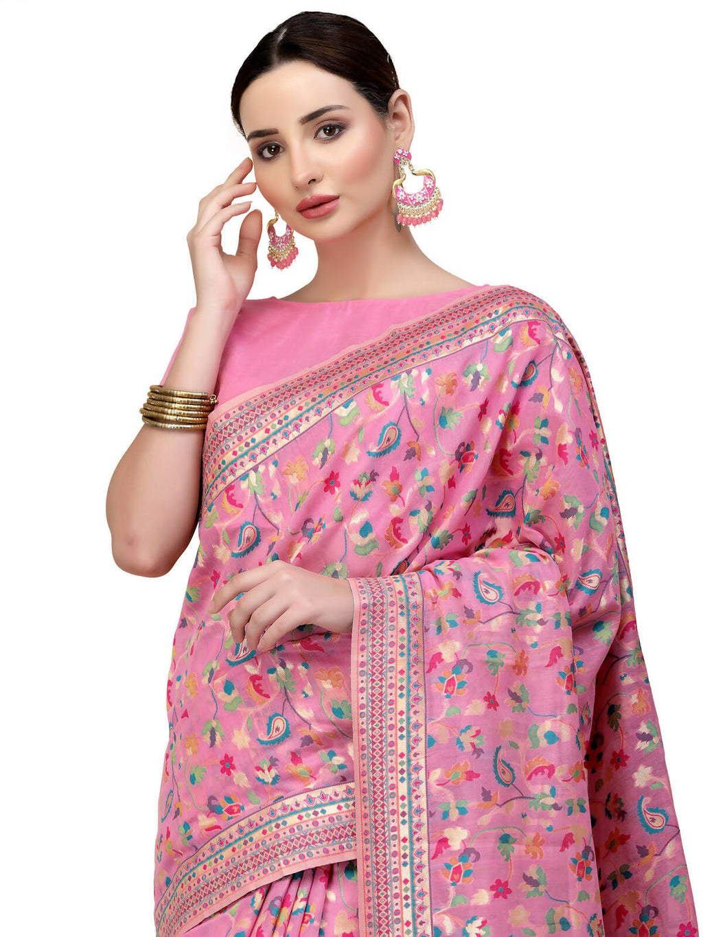 Pink Silk Blend Woven Design Saree With Unstitched Blouse Piece - Aloki