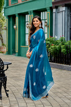 Vastranavya Sea Blue Embroidery Work Shimmer Chiffon Saree with Unstitched Blouse - Distacart