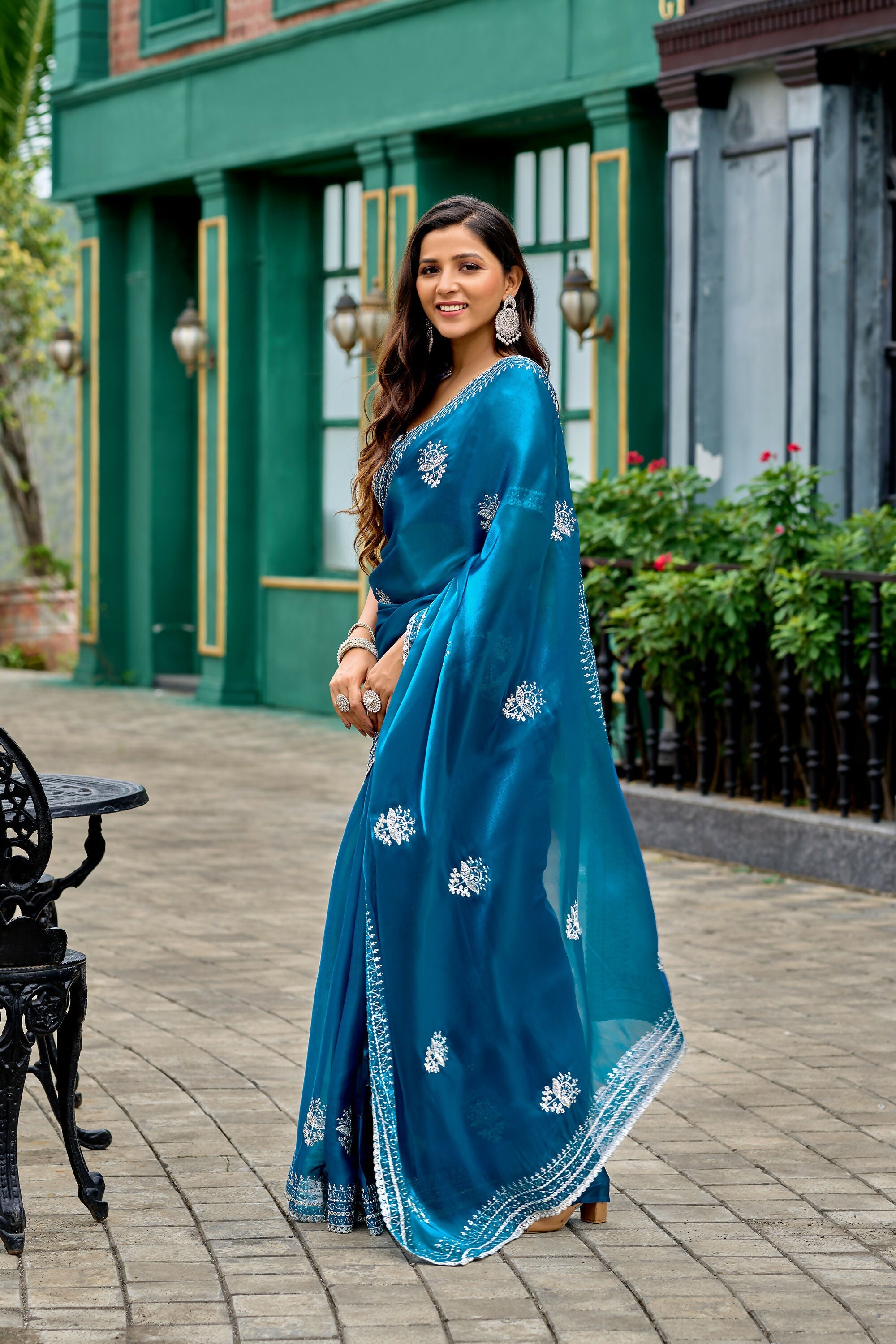 Vastranavya Sea Blue Embroidery Work Shimmer Chiffon Saree with Unstitched Blouse - Distacart