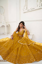 Eilara Women'S Mustard Yellow Butterfly Net With Tone Thread Work And Sandwich Embroidered Work Lehenga Choli For Wedding