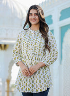 Kaajh Women's Yellow-White Floral Hand Block Printed Cotton Top