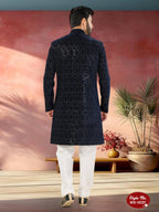 Joban Fashion Men's Blue Base Straight Velvet Thread And Sequence Embroidary All Over Indo-Western Kurta Set