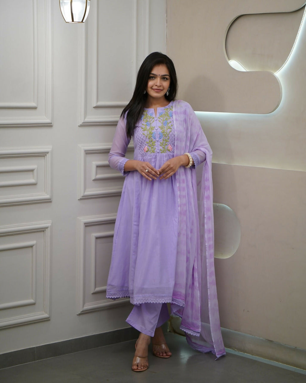 The52 Women's Beautiful Georgette Fabric Thread Work Flared Kurta Pant and Dupatta Set - Distacart