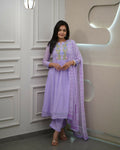 The52 Women's Beautiful Georgette Fabric Thread Work Flared Kurta Pant and Dupatta Set - Distacart