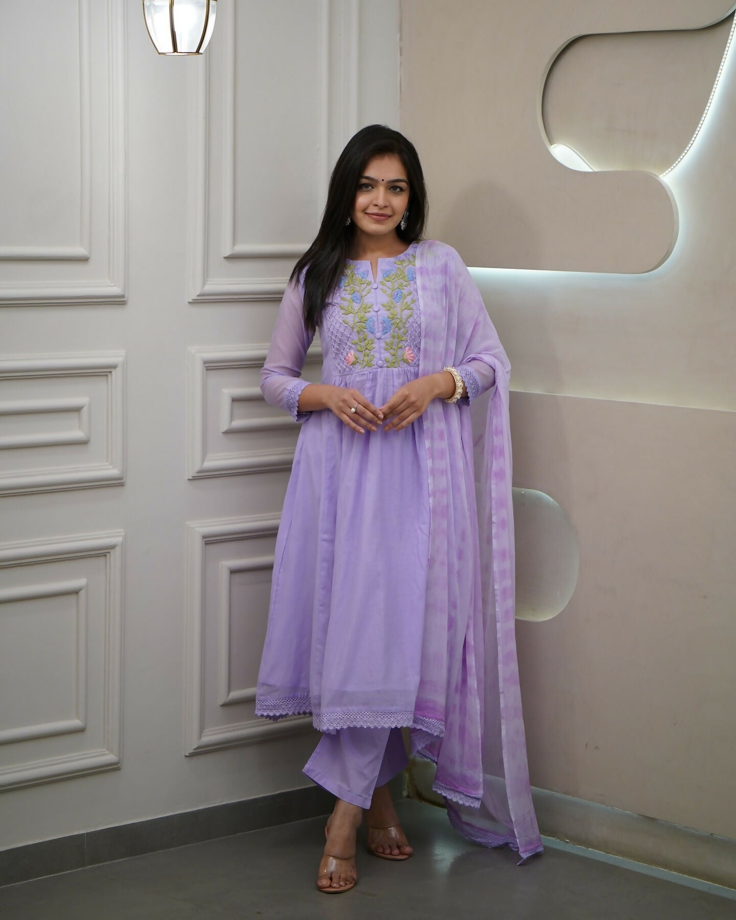 The52 Women's Beautiful Georgette Fabric Thread Work Flared Kurta Pant and Dupatta Set - Distacart